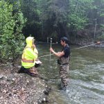 David Carlick and Henry Jack measure stream flow in Spruce Creek.